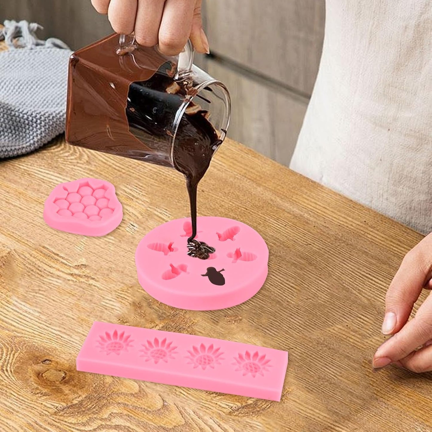 4 Pcs Bumble Bee Silicone Molds Kit with Honeycomb, Bee and Sunflower, Fondant, Chocolate, Cupcake, Cake Decorating, Candy Molds(Pink)