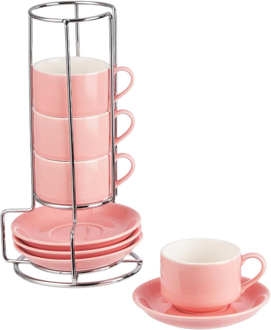 2.5 Ounce Porcelain Espresso Cups with Saucers and Silver Stand, Pink Stackable Cups Set of 4