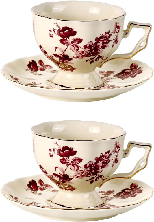 KAMMAK Tea Cups and Saucers Set of 2, Porcelain Coffee Cups, 6.8-Ounce Stackable Espresso Mugs, Ceramic Demitasse for Coffee, Latte, Americano, Tea, Red Orchid