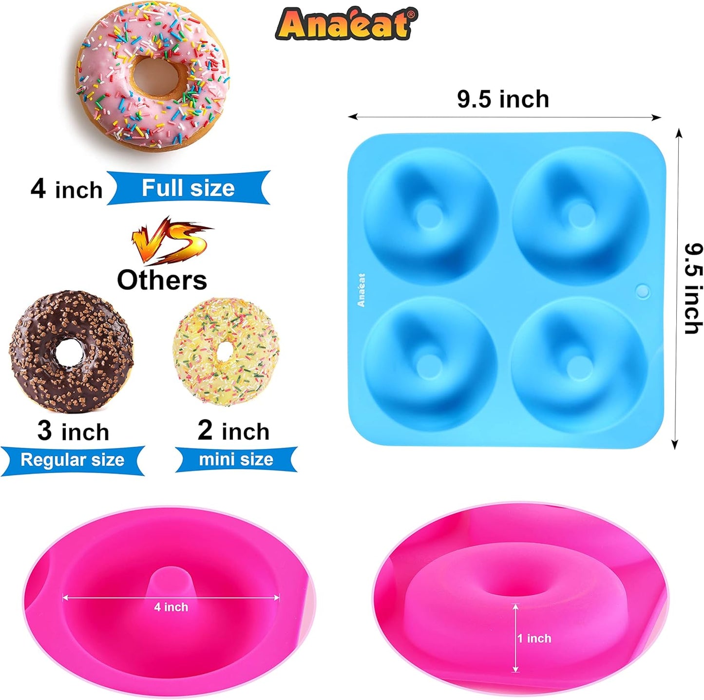 Anaeat Full Size Donut Baking Pans 3 Pack, Big Size 4 Inch Silicone Baking Mold, Just Pop Out! Non Stick 6-Cavity Doughnut Trays for Bagels Donuts Cake Biscuit - BPA Free & Dishwasher Safe (3 colors)